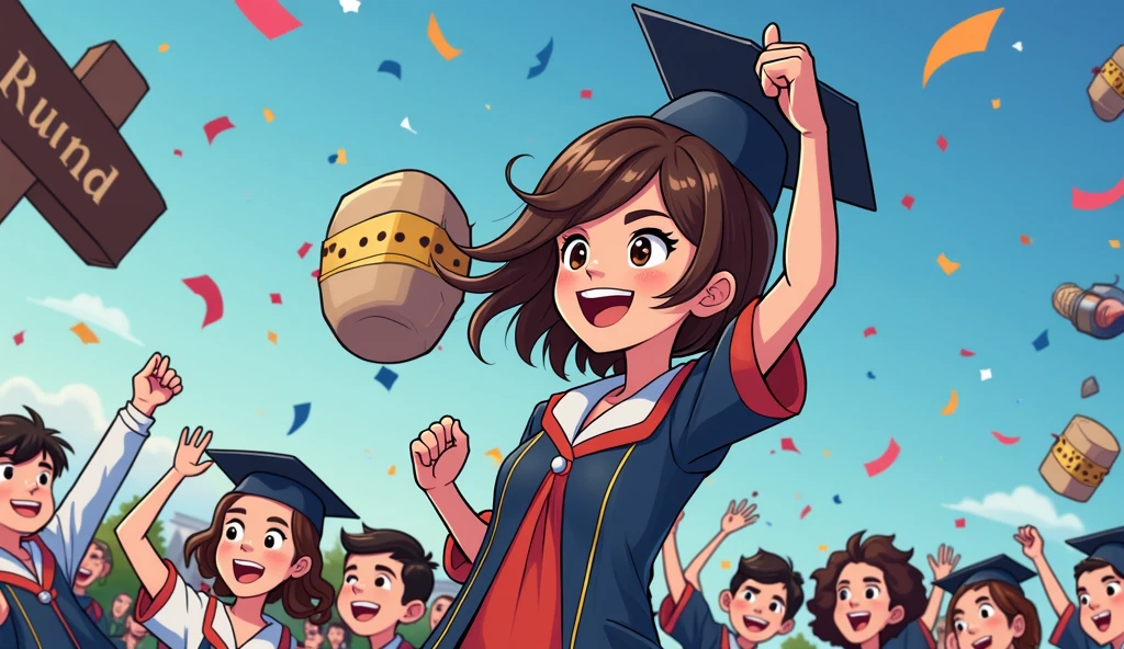 Cartoon Style,A group of students wearing bachelor's gowns,Throwing bachelor hats to celebrate
