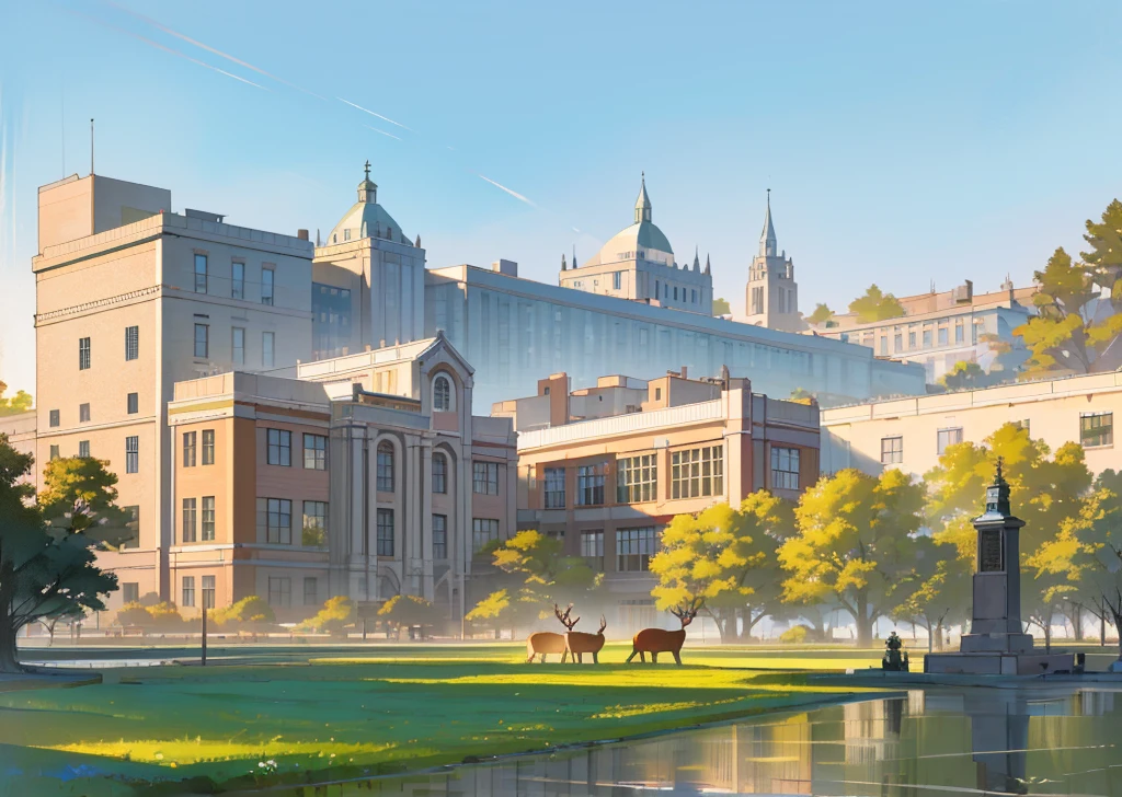 (masterpiece, best quality), Modern design , photography, Nostalgia, Ultra Detailed, morning, Stunning scenery, Urban,Harvard ,deer, . Nostalgia之情  ,University campus ,Suitable resolution