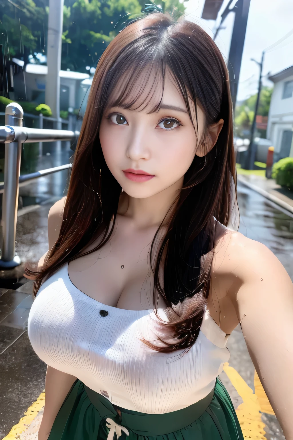 (Menhera Woman:1.3),(Hiding behind a utility pole, staring at the viewer:1.3),(Staring at the viewer while soaked in the rain:1.3),big breast slip,Big Tits,Wet Face,Wet Skin,Wet body,Wet costume,Wet Hair,(Leaning forward:1.3),Red Mouth,clavicle,Wet cute face、Digital Illustration, (Tabletop,Highest quality,Ultra-high resolution output images,) (8K quality),(Picture Mode Ultra HD),
