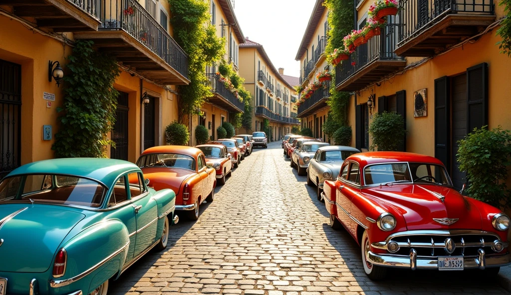 a narrow European-style street with a row of parked cars