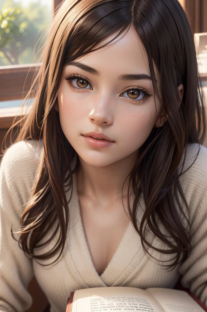 a beautiful girl reading a textbook, intricate details, realistic portrait, realistic lighting, warm colors, soft focus, natural environment, sitting at a desk, focused expression, elegant pose, detailed facial features, delicate skin, long eyelashes, flowing hair, perfect symmetry, photorealistic, hyperrealistic, masterpiece, award winning, 8k, best quality
