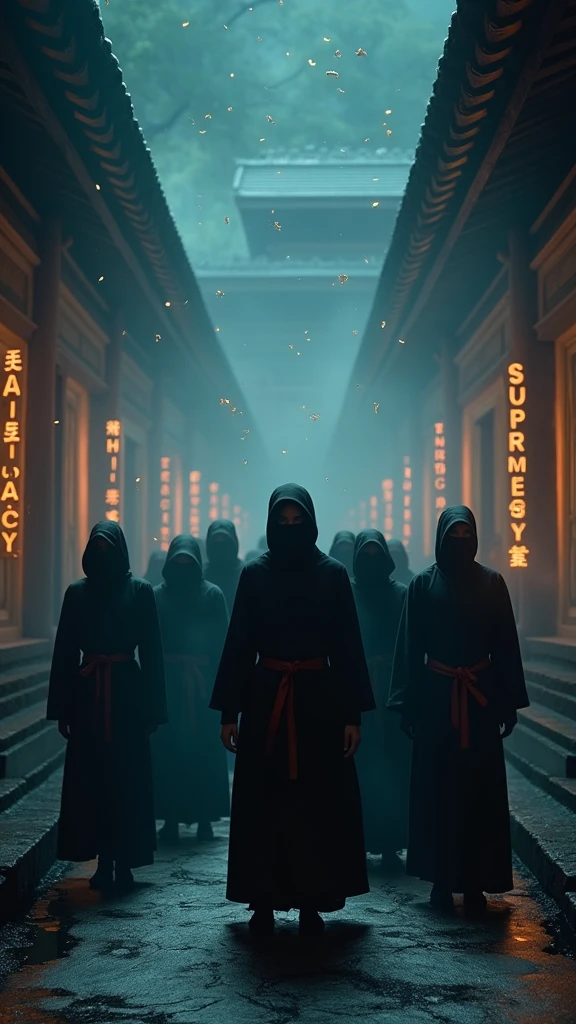 An ultra-realistic and highly detailed image of a group of ninjas dressed in black, wearing masks. They are standing in a ancient temple, with the words "CHA SUPREMACY" written in stylized oriental letters on a nearby wall. The scene is set at night, with numerous fireflies glowing around the ninjas, adding a soft, ethereal light. A thick mist envelops the scene, creating a mysterious and atmospheric effect. The image is captured with a Pentax K-1 Mark II paired with a 24-70mm f/2.8 D FA HD lens, ensuring exceptional detail and clarity. The lighting is predominantly cool and diffused, with the fireflies providing warm highlights. The aspect ratio is 16:9, emphasizing the cinematic composition 