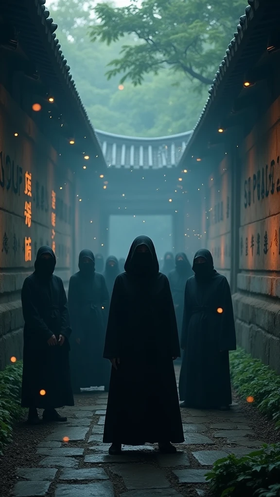 An ultra-realistic and highly detailed image of a group of ninjas dressed in black, wearing masks. They are standing in a ancient temple, with the words "CHA SUPREMACY" written in stylized oriental letters on a nearby wall. The scene is set at night, with numerous fireflies glowing around the ninjas, adding a soft, ethereal light. A thick mist envelops the scene, creating a mysterious and atmospheric effect. The image is captured with a Pentax K-1 Mark II paired with a 24-70mm f/2.8 D FA HD lens, ensuring exceptional detail and clarity. The lighting is predominantly cool and diffused, with the fireflies providing warm highlights. The aspect ratio is 16:9, emphasizing the cinematic composition
