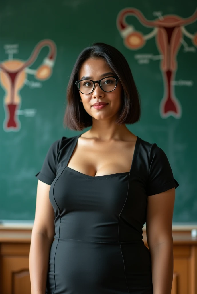 A 35 years old beautiful chubby indonesian woman with , big belly, bob cut hair style, wear tight semi formal dress with opened button, wear glasses,  sensual and  expression and pose, holding long pointer stick, in front of classroom with green board that shows human reproduction subject as a background, realistic photography, natural light, look at the viewer, 