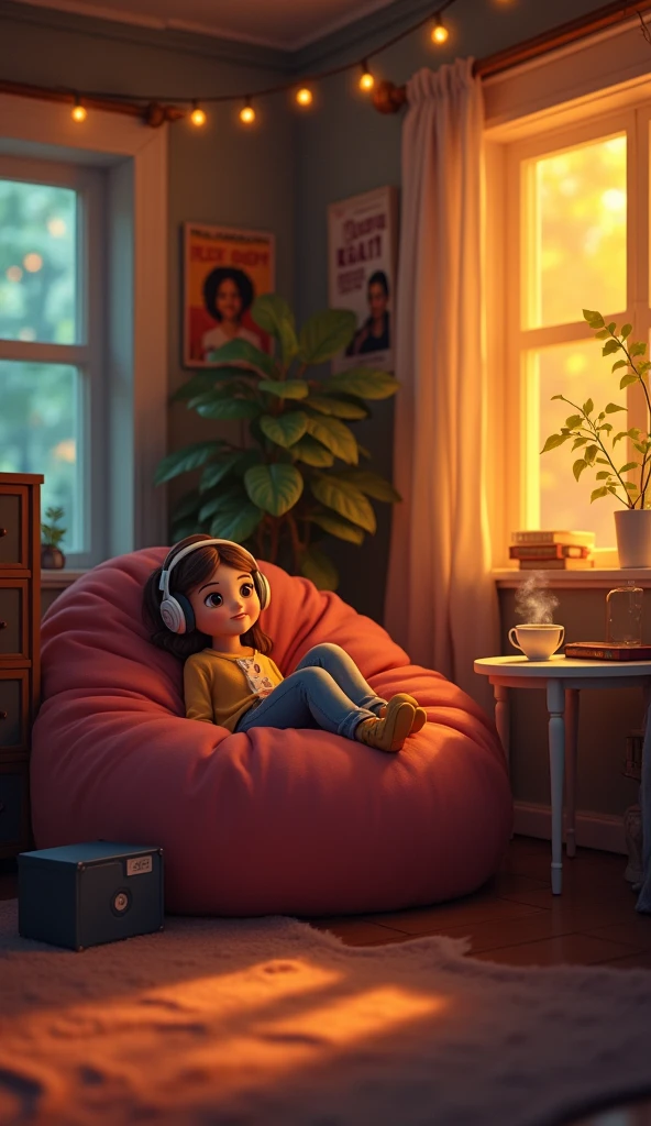 night、Sit in a cozy room and listen to music, Using headphones, 2D-style animation, Lo-Fi, Hard disk。LOFI