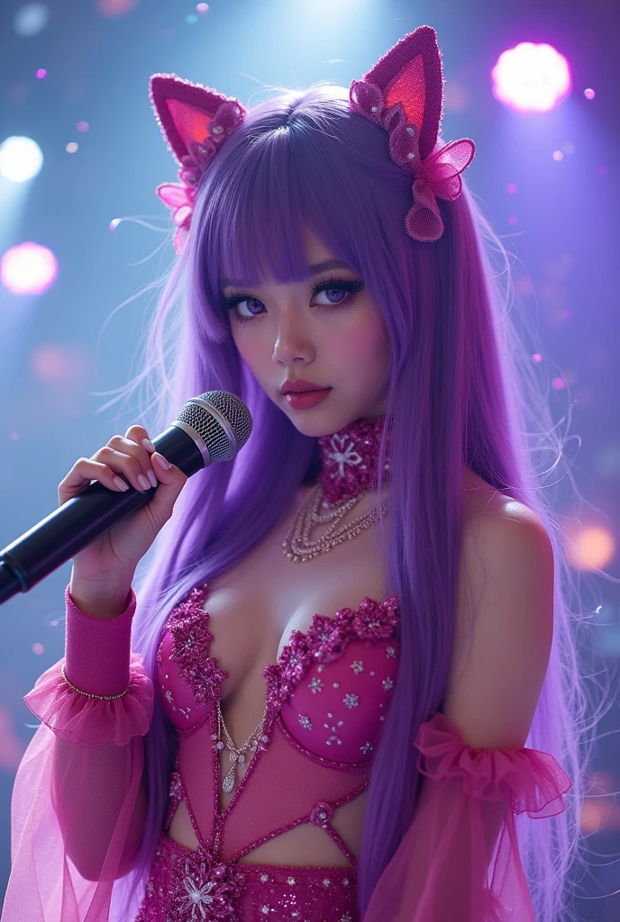 Purple hair with dark pink mesh。The eyes are purple and deep pink from top to bottom.、It&#39;s light pink.。There are stars in my eyes。The clothes are deep pink idol costumes.。I have a microphone。The right side of her hair is like a half twin.