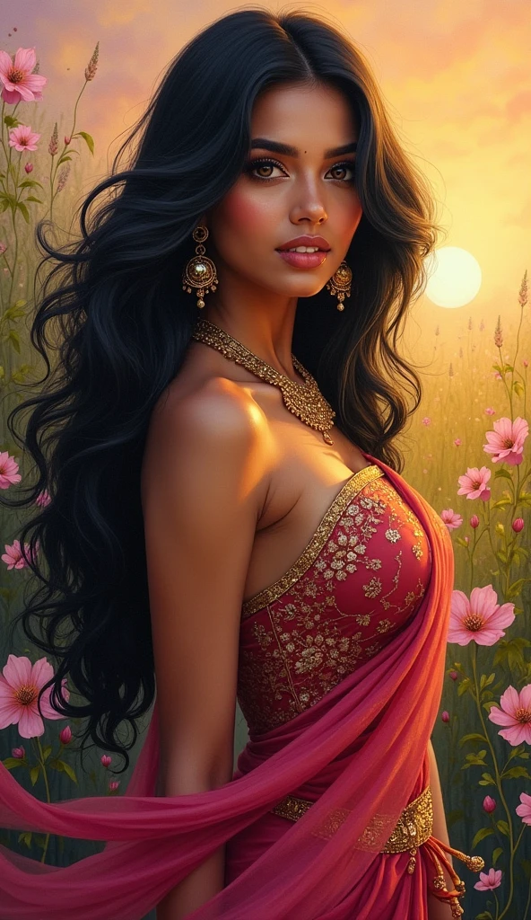 High-quality realistic acrylic art, vivid colors, Big boob indian girl with long black hair.