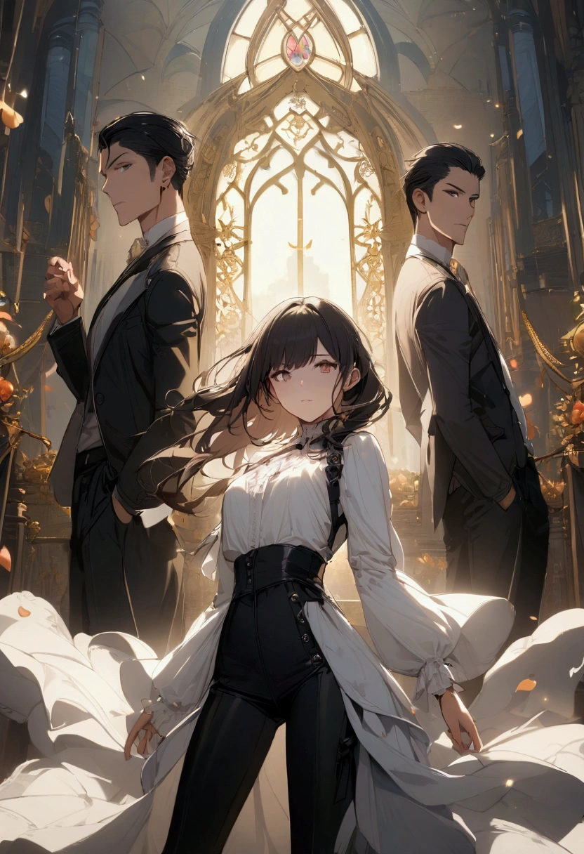 A girl with a white blouse and black pants and 2 handsome boys on her sides, looking at the viewer