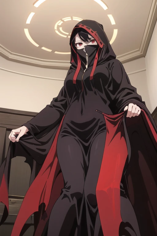 NNAssassinFSF, 1girl, solo, black hair, red eyes, long cape sleeves, sleeves covered hands, long skirt, no hands, dress, long cape, cape, black cloak, hood up, black robe, covered mouth, hooded cloak, ((masterpiece, best quality)) rooms, bedroom, from below 