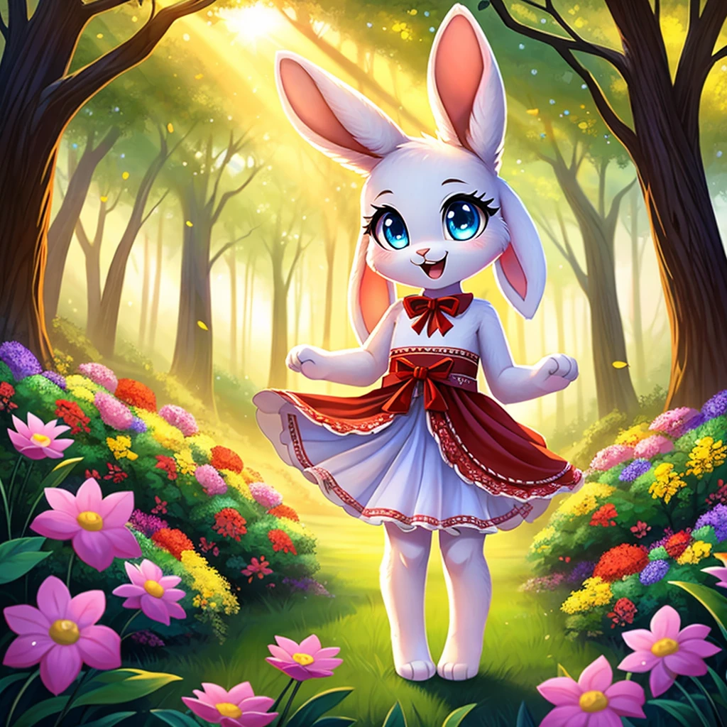 zoomed out image, ((solo character)), cute style art, fantasy style art, cute, adorable, short character, small, 7-year-old tiny little fluffy female white bunny with blue eyes, 4 ears, 2 extra ears, big floppy ears, long ears, ears perked up, raised ears, long eyelashes, skinny body, wearing a red frilly ribbon dress, smiling, standing in a forest, soft tones, big expressive smile, open mouth, wide eyes, excited eyes, excited face, smiling happily, stunning visuals, sunlight coming through the trees, flowers scattered in the bushes, butterflies in the air, digital illustration