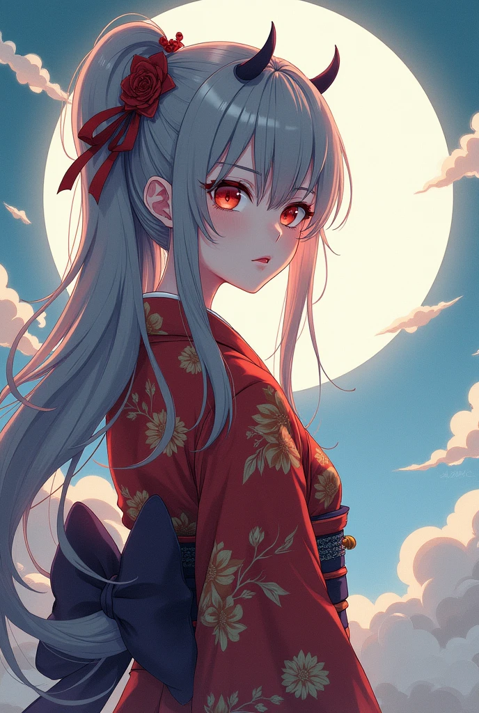 8k, Highest quality, Manga style, View your viewers, Intricate details,One person, Nakiri Ayame, 2Demon horns in the book, Multicolored Hair, Long Hair, Red eyes, Gray Hair, kimono,