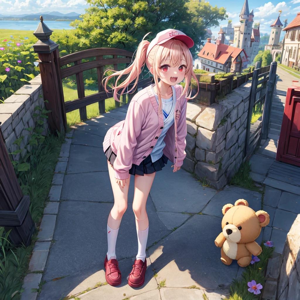 Pink Blonde、Red eyes、Hair tied up、Two cute、Checked mini skirt、black t-shirts、cardigan、Knee-high socks、bear ears baseball cap、Teeth are visible、Monster Castle、Tilting face、crossing the bridge、hazakura、windmill、grass、Stones are growing out of the ground.、impregnable、A teddy bear is walking、Morning glory is blooming.、In front of the city gates、gear