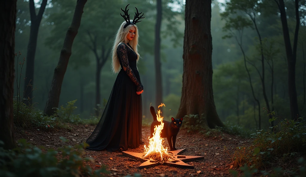 Spring in forest. Night. Beautifull blonde satanist girl standing in pentagram with black cat and making fire