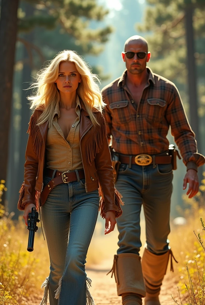 Wild West 1970s, Two people are walking in the forest with weapons, a blonde woman and a bald and beardless man, they are bounty hunters, in national costumes of the Wild West 