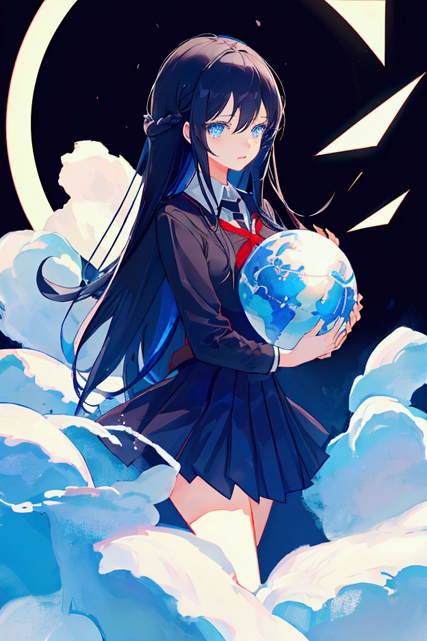 1 girl  front view, black long hair, blue eyes, holding shining globe with two hands, school uniform dark background