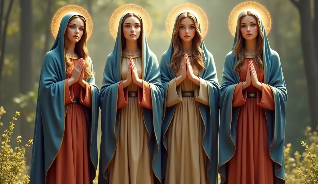 Four beautiful Virgin Marys looking at the camera、Moist eyes, (whole body:1.2), Wearing a reddish-beige tunic with a blue cloak and veil , The body is slim, Beautiful feet, whole body, Daytime, Halo