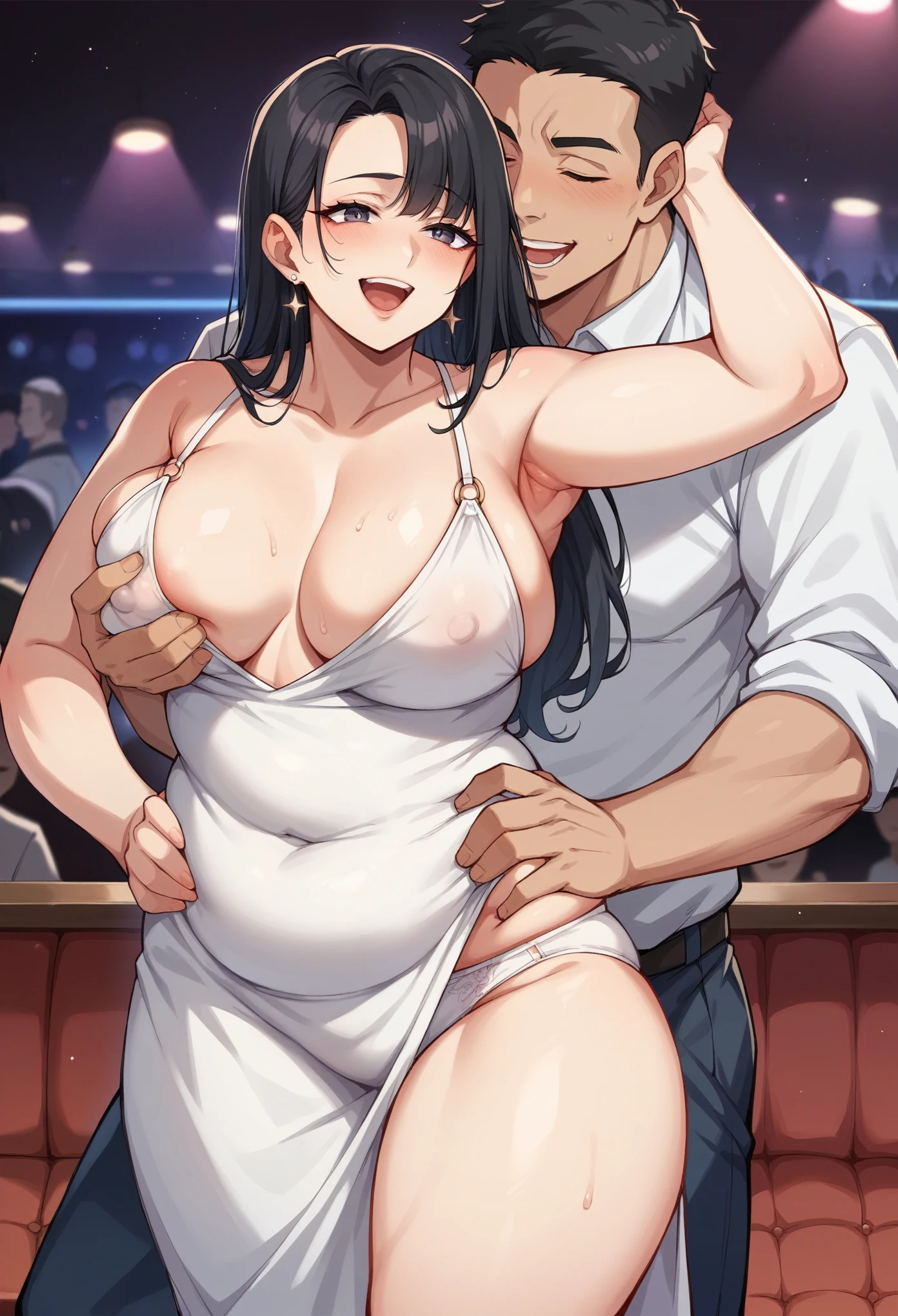 nsfw:1.2,Chubby Japanese sexy mature woman (50 years old), long, straight black hair, Sexy mini white summer dress, Sexy neckline, Dancing with a tall man, Nightclub, Hands on hips, Excited expression, Many men are watching、Erect nipples:1.5、showing off panties:1.5、1 Men, a men is grabbing girl’s breasts from behind