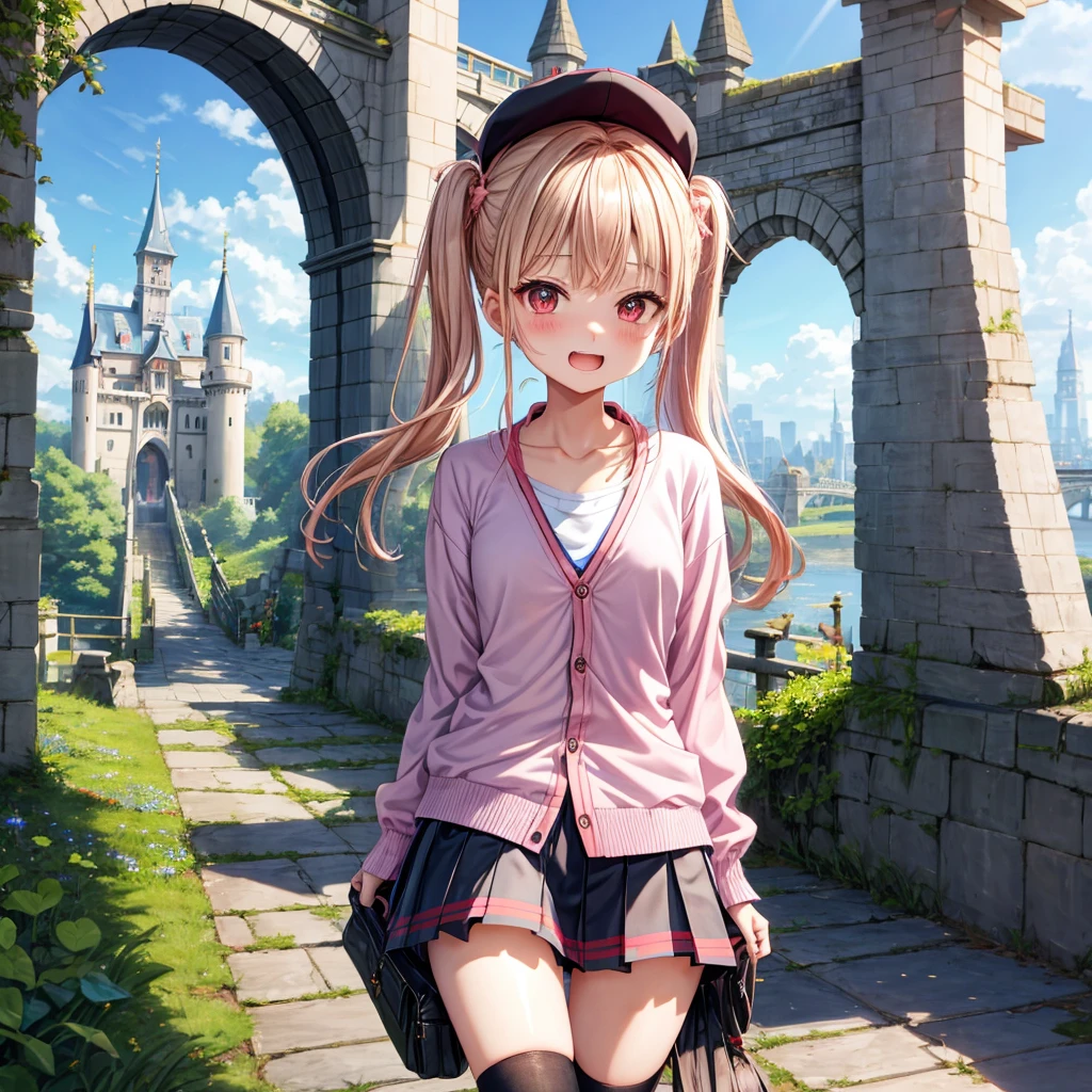 Pink Blonde、Red eyes、Hair tied up、Two cute、Checked mini skirt、black t-shirts、cardigan、Knee-high socks、bear ears baseball cap、Teeth are visible、Monster Castle、Tilting face、crossing the bridge、hazakura、windmill、grass、Stones are growing out of the ground.、impregnable、A teddy bear is walking、Morning glory is blooming.、In front of the city gates、gear