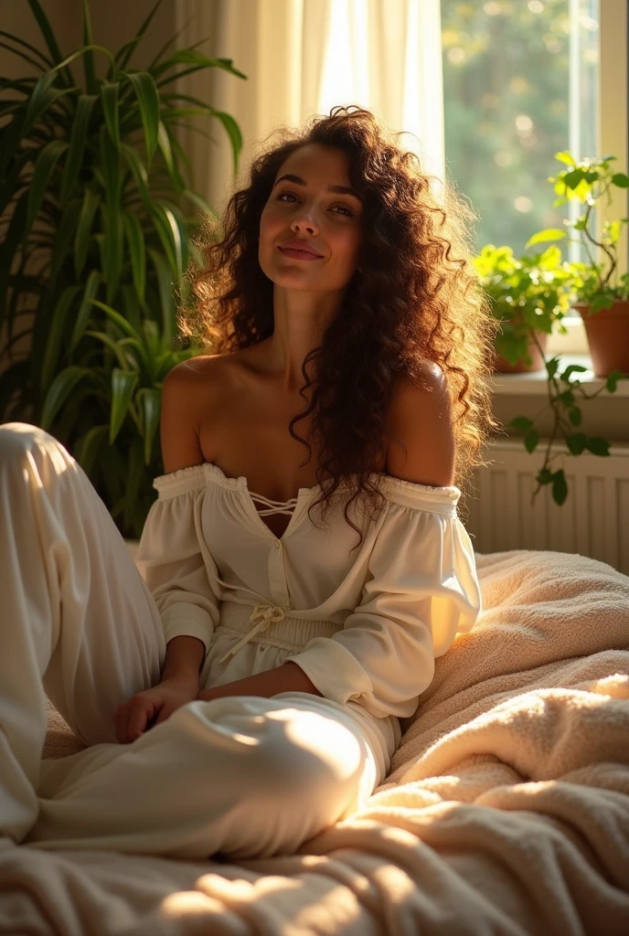 (photorealism:1.2), beautiful woman, sitting on bed, wearing loose off-shoulder top, pajama pants, long curly hair, indoors, soft lighting, plants in background, window with sunlight, cozy room, relaxed pose, realistic, intricate details, warm colors, by Greg Rutkowski, by Alphonse Mucha