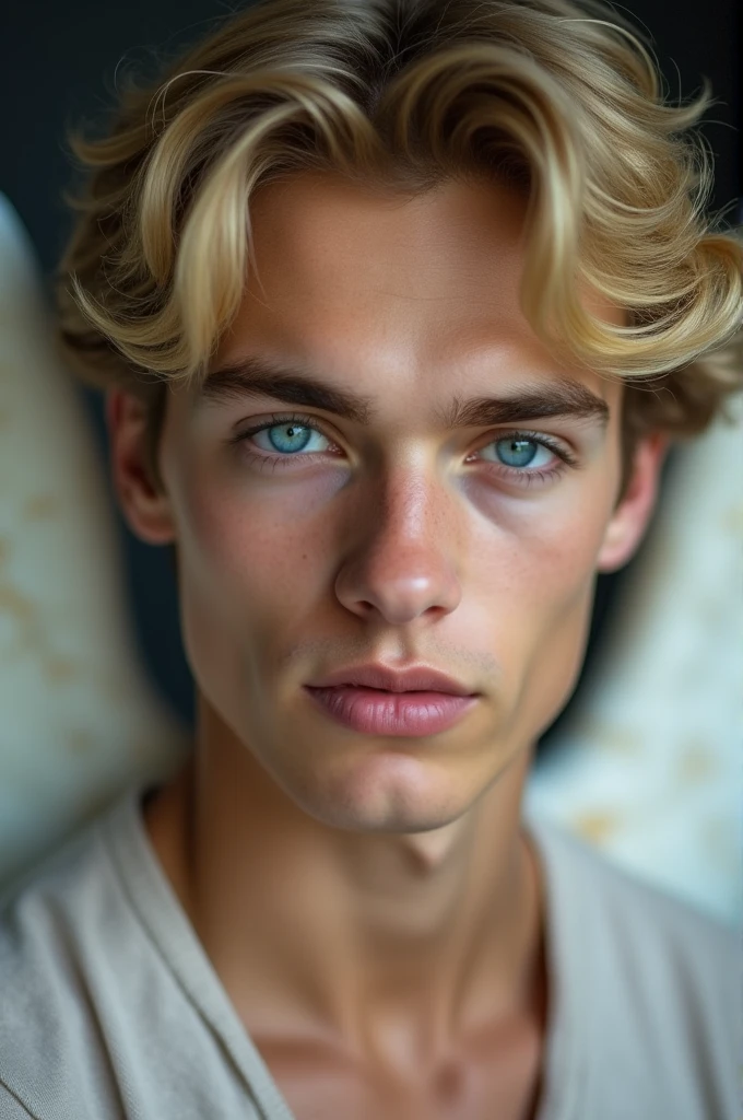 Close-up of a sexy, handsome, fair-skinned young man,Staring straight ahead with captivating blue eyes,Angel&#39;s wing,Blonde,