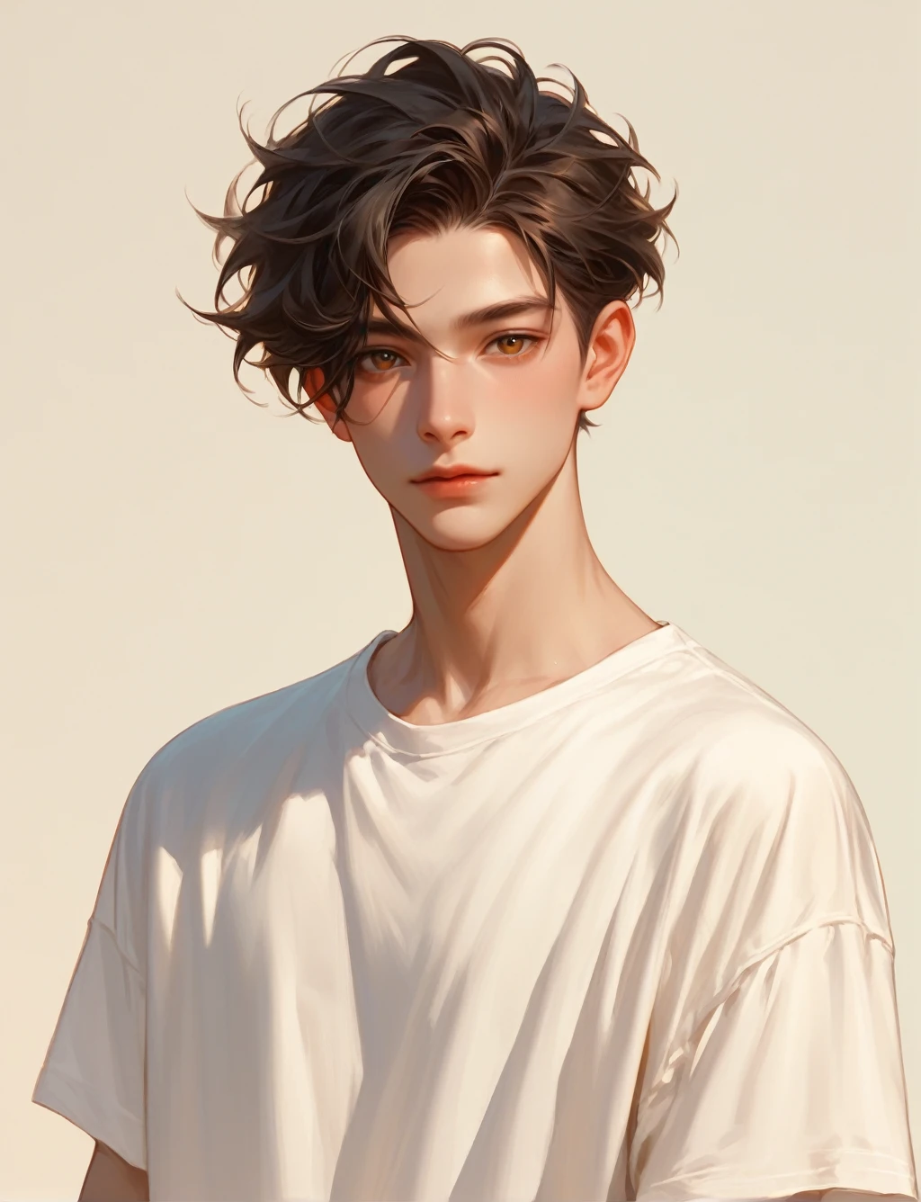 man, black hair, brown eyes, was thick and tall, and had yellowish-white skin, Wear a white shirt. Half-Russian-Japanese