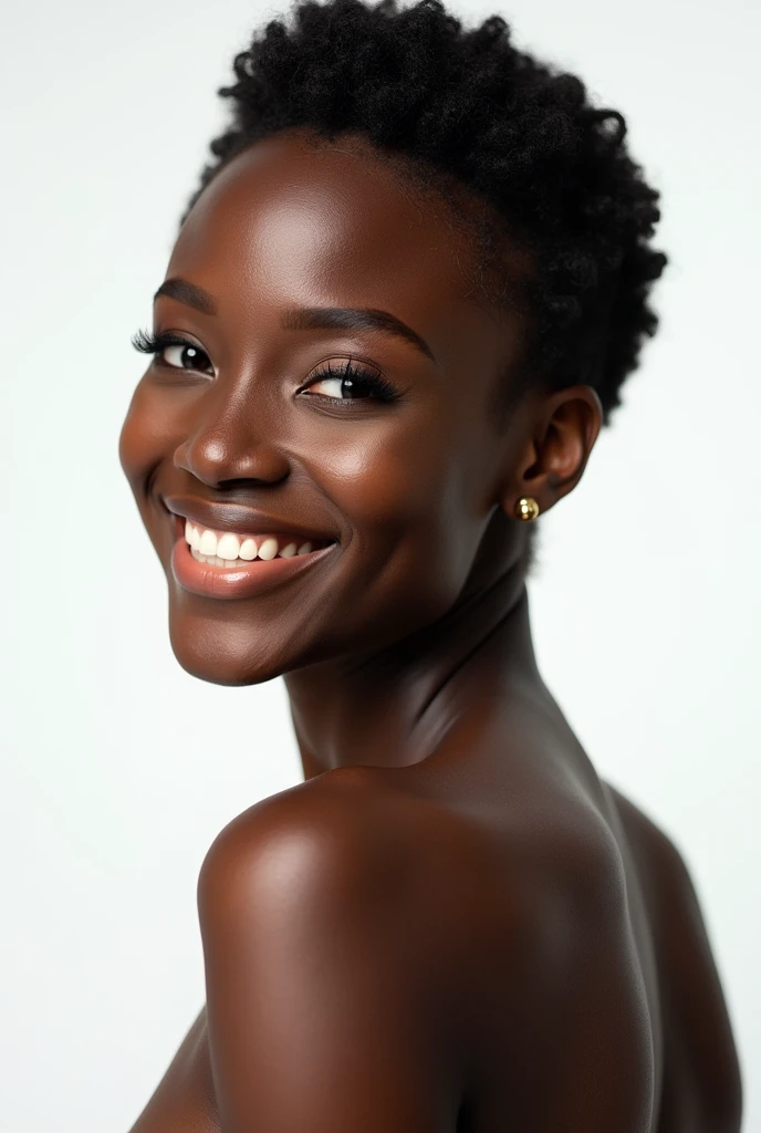 Sexy black model, smile, portrait, pose, plain white background, studio shoot