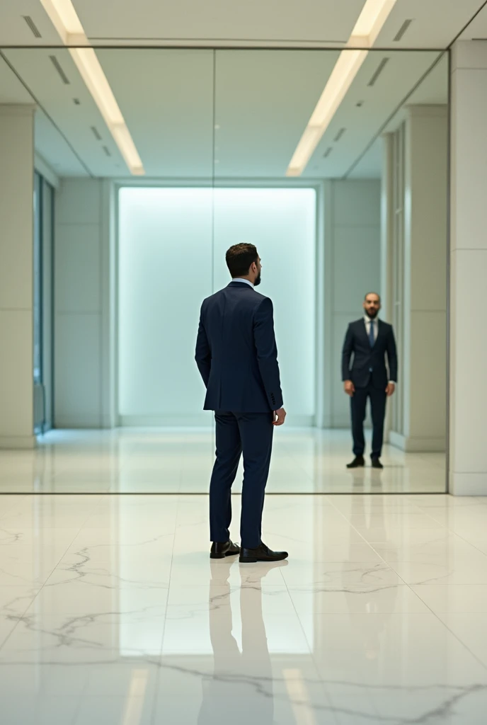 Man looking through huge mirror that goes from ceiling to floor with white tiles
