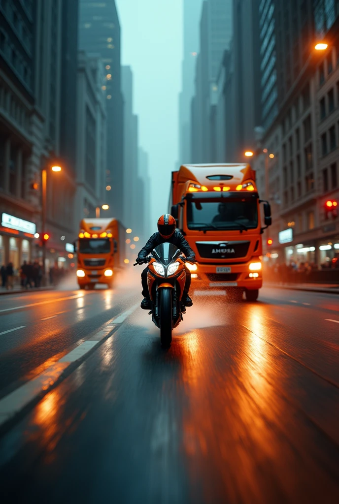 a rider between two lorries, extremely dangerous situation, high speed chase, adrenaline, motion blur, low angle, dramatic lighting, cinematic composition, gritty urban environment, moody atmosphere, vibrant colors, hyper-realistic, award winning photography, masterpiece, (best quality,4k,8k,highres,masterpiece:1.2),ultra-detailed,(realistic,photorealistic,photo-realistic:1.37)