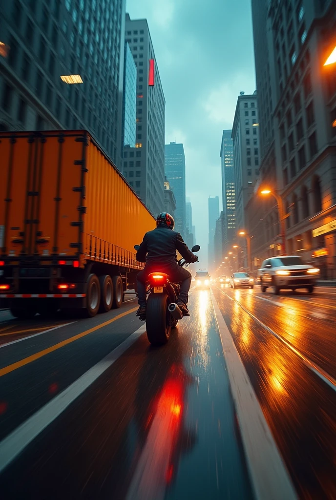 a rider between two lorries, extremely dangerous situation, high speed chase, adrenaline, motion blur, low angle, dramatic lighting, cinematic composition, gritty urban environment, moody atmosphere, vibrant colors, hyper-realistic, award winning photography, masterpiece, (best quality,4k,8k,highres,masterpiece:1.2),ultra-detailed,(realistic,photorealistic,photo-realistic:1.37)