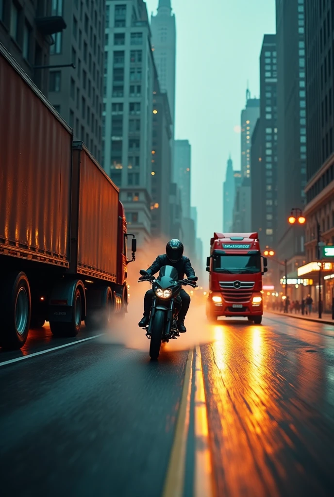 a rider between two lorries, extremely dangerous situation, high speed chase, adrenaline, motion blur, low angle, dramatic lighting, cinematic composition, gritty urban environment, moody atmosphere, vibrant colors, hyper-realistic, award winning photography, masterpiece, (best quality,4k,8k,highres,masterpiece:1.2),ultra-detailed,(realistic,photorealistic,photo-realistic:1.37)