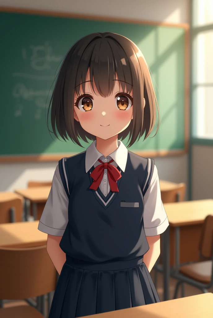 Highest quality, Face Focus, Soft Light, Ultra-high resolution, (Realistic:1.4), RAW Photos, 1 Japan, alone, cute, (A shy smile:0.5), (Brown eyes, Light in your eyes), Beautiful face in every detail, (Small box),(High resolution detail of human skin texture), (Short Bob Hair), break, In the classroom,Navy uniform, Best, skirt