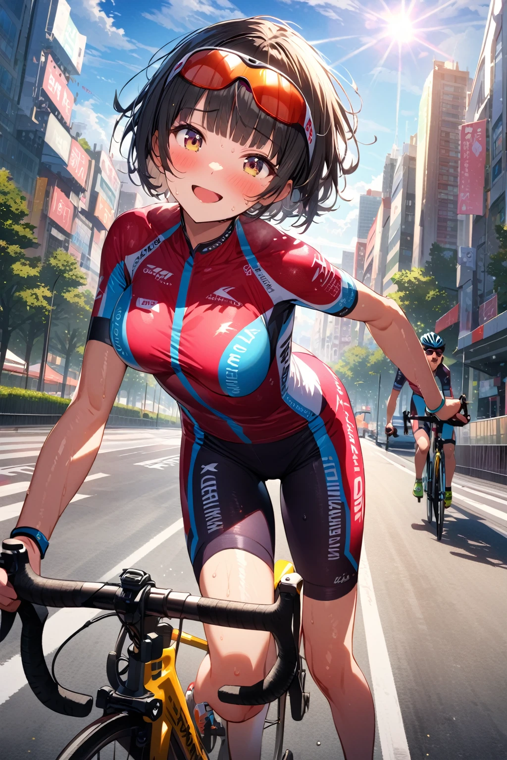 (extremely detailed fine touch:1.3), (((sports sunglasses:1.3))), girl, solo, side shot, extremely detailed 2.5D face, open mouth smile, blush, short hair, blunt bangs, black hair, medium breasts, sweat, Cycling, Cycling helmet, Cycling Shorts, Cycling shirt, shoes, extremely detailed city, sunshine, lens flare,
