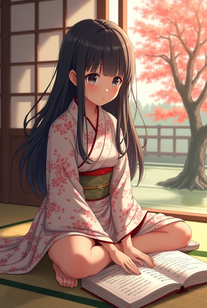 A Japanese girl with long black hair studying