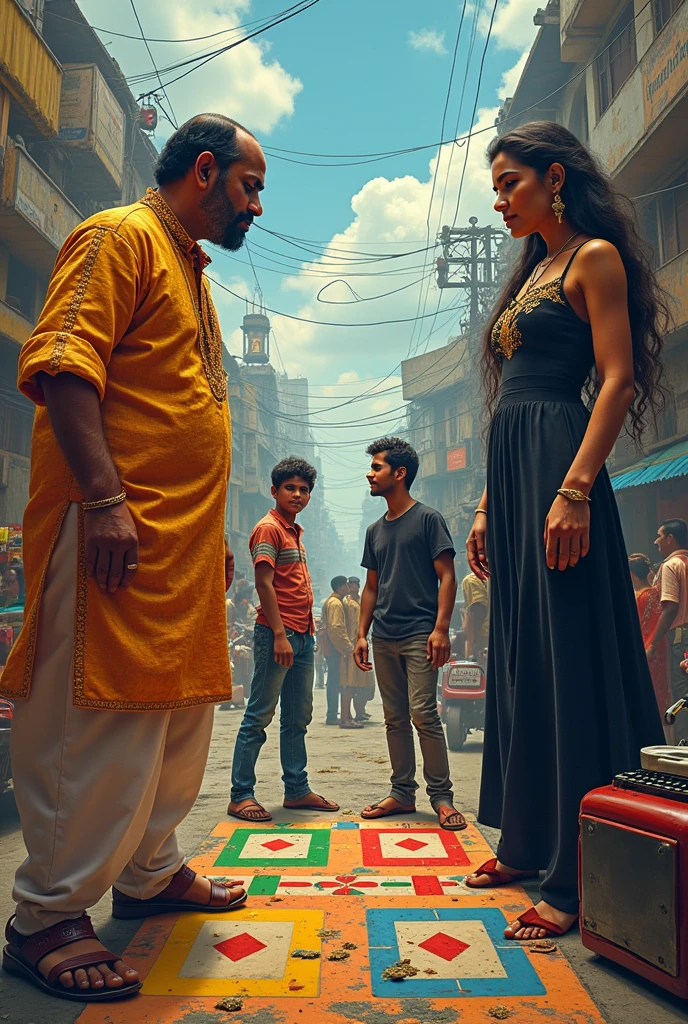 Ludo board, each side is assigned to one character. First side is of corrupted south indian MLA, Second side is of a guy who is 24 years old and an Indian auto driver who is 40 years old, Third side is of an Indian woman with black colored western dress, Fourth side is of a journalist who is south indian, blind and he is 65 years old