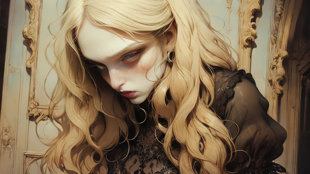 japanese woman, (vampire), (goth vampire), 8k, absurd res, ((wide eyes)), flawless face, girl with a soft body, beautiful woman, perfect face, (symmetrical), 1girl, average mature body, natural body, ((half body image)), very femenine, solo, masterpiece, highly detailed, flawless eyes, ((detailed eyes)), expressive detailed eyes, gothic beauty, pale skin, wide eyed, (detailed pupils), realistic skin, some freckles, realistic skin texture, ((small breasts)), blushing, super detailed skin, smooth background, shy face, analog style, dim moody lighting, Soft and warm color palette, delicate brushwork, evocative use of light and shadow, atmospheric, ((very long beautiful white hair)), (very long hair), ((wearing a revealing black lace victorian dress)), cleavage, (slender but beautiful body), gothic old castle interior at background, 4k, 8k, 35 mm, intricate details, incredibly detailed, Soft cinematic light, Hdr, sharp focus, complex, elegant, centered, mysterious concept
