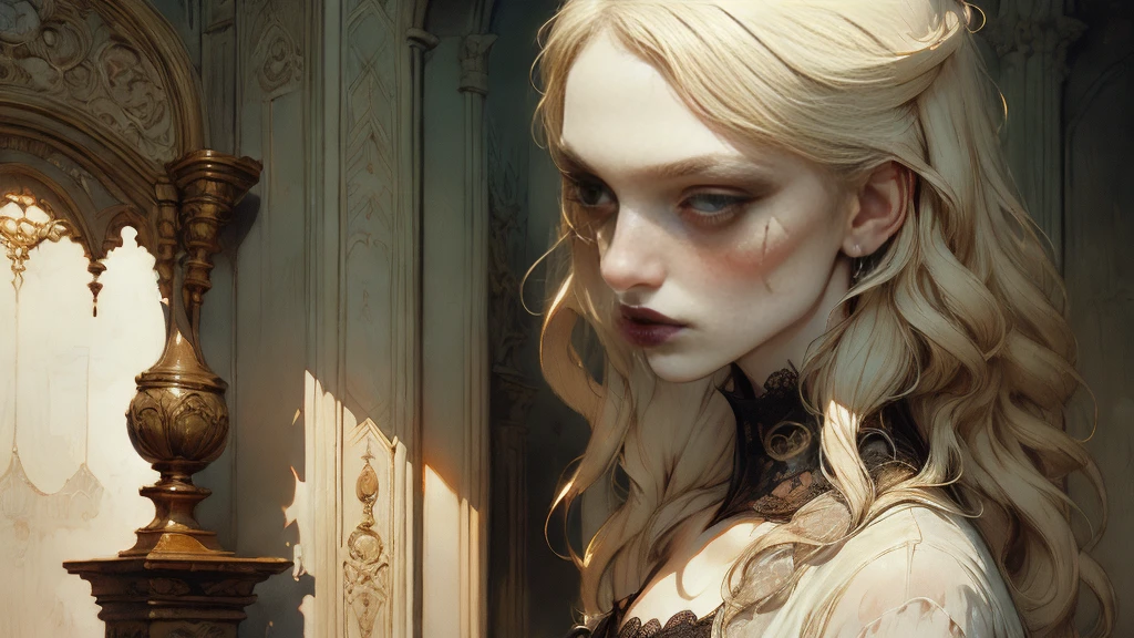 japanese woman, (vampire), (goth vampire), 8k, absurd res, ((wide eyes)), flawless face, girl with a soft body, beautiful woman, perfect face, (symmetrical), 1girl, average mature body, natural body, ((half body image)), very femenine, solo, masterpiece, highly detailed, flawless eyes, ((detailed eyes)), expressive detailed eyes, gothic beauty, pale skin, wide eyed, (detailed pupils), realistic skin, some freckles, realistic skin texture, ((small breasts)), blushing, super detailed skin, smooth background, shy face, analog style, dim moody lighting, Soft and warm color palette, delicate brushwork, evocative use of light and shadow, atmospheric, ((very long beautiful white hair)), (very long hair), ((wearing a revealing black lace victorian dress)), cleavage, (slender but beautiful body), gothic old castle interior at background, 4k, 8k, 35 mm, intricate details, incredibly detailed, Soft cinematic light, Hdr, sharp focus, complex, elegant, centered, mysterious concept