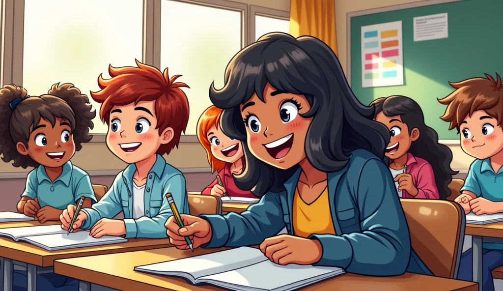 Cartoon Style,A group of students taking exam happily in the classroom