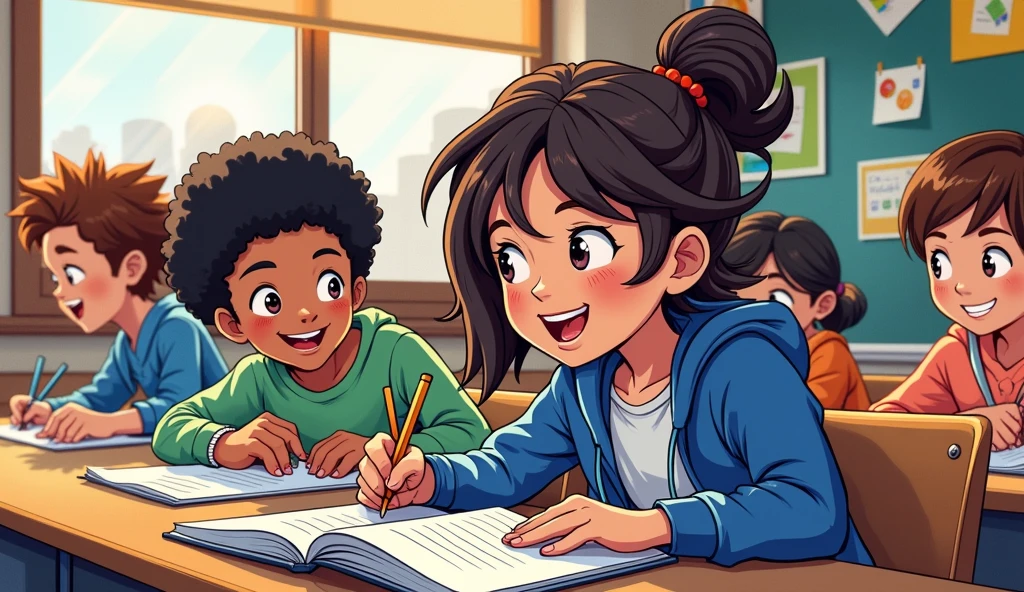 Cartoon Style,A group of students taking exam happily in the classroom