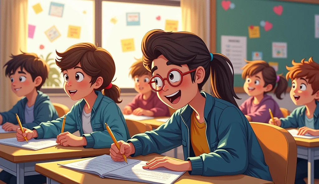 
Cartoon Style，A group of students taking exam happily in the classroom