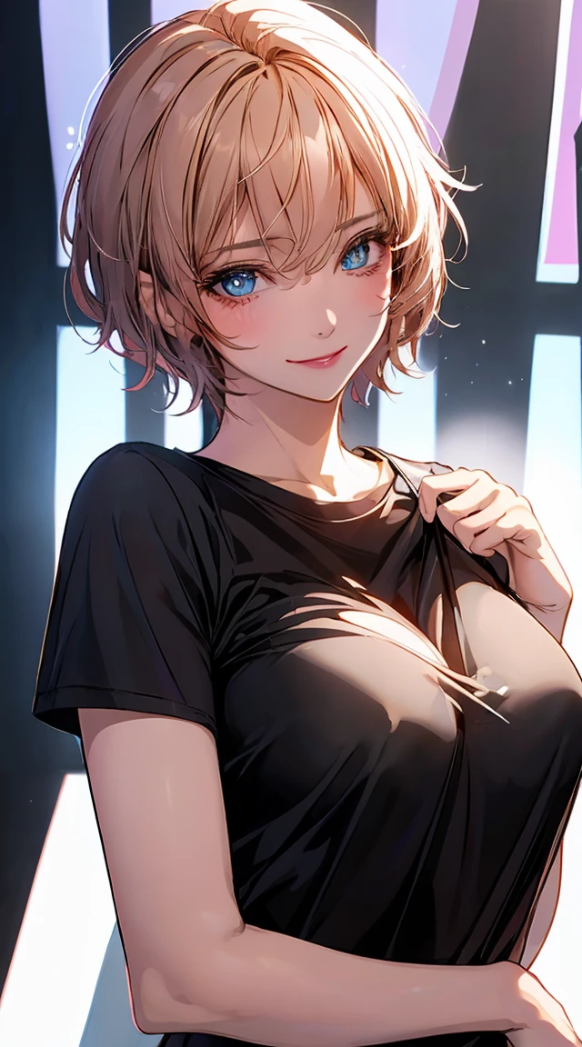best quality, Ultra-high resolution, (Reality: 1.4), beautiful Eyes, Super beautiful, Very short hair, beautiful, Honey, Big chest T-shirt, Attract the audience's eyes, lover's perspective, Invitation to express, Sexy smile, Perfect style, Perfect balance, Delicate skin, Naughty eyes, Visible chest,Large Breasts,Wide hips,