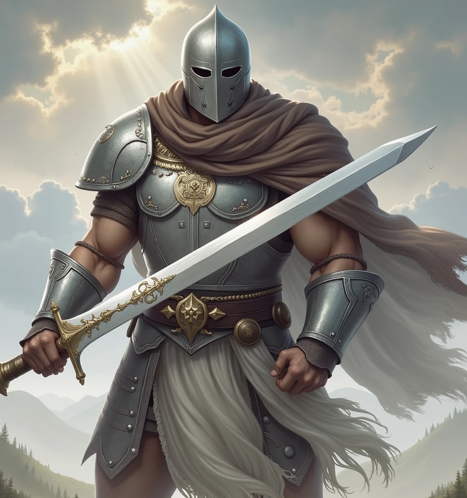 A white man in his 30s, wearing RPG game warrior-style clothing and a helmet that covers his entire face. The helmet is silver, The helmet is circular in shape and has a thick cross-shaped band on the front of the face centered around the eyes. Only the eyes have eye-shaped holes so they can see. The brown collar is thick and high around the neck. Silver armor covers the chest area, but the abdominal muscles are exposed. The shoulders are also armor-style with bare skin exposed, and the shoulders are without any protective gear, showing large muscles. There are silver round buttons on both sides of the shoulder bones, and they are fastened to these buttons, so that the cloak is connected behind the shoulders. There is a large, subtle gold decoration in the center of the chest armor. It is a simple and heavy decoration in the medieval style. On his hands, he wears very large, sturdy-looking armored armor. A solemn pose with a sword on his shoulder,