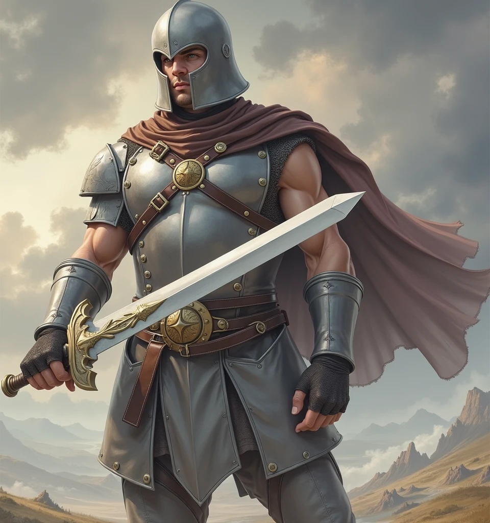 A white man in his 30s, wearing RPG game warrior-style clothing and a helmet that covers his entire face. The helmet is silver, The helmet is circular in shape and has a thick cross-shaped band on the front of the face centered around the eyes. Only the eyes have eye-shaped holes so they can see. The brown collar is thick and high around the neck. Silver armor covers the chest area, but the abdominal muscles are exposed. The shoulders are also armor-style with bare skin exposed, and the shoulders are without any protective gear, showing large muscles. There are silver round buttons on both sides of the shoulder bones, and they are fastened to these buttons, so that the cloak is connected behind the shoulders. There is a large, subtle gold decoration in the center of the chest armor. It is a simple and heavy decoration in the medieval style. On his hands, he wears very large, sturdy-looking armored armor. A solemn pose with a sword on his shoulder,