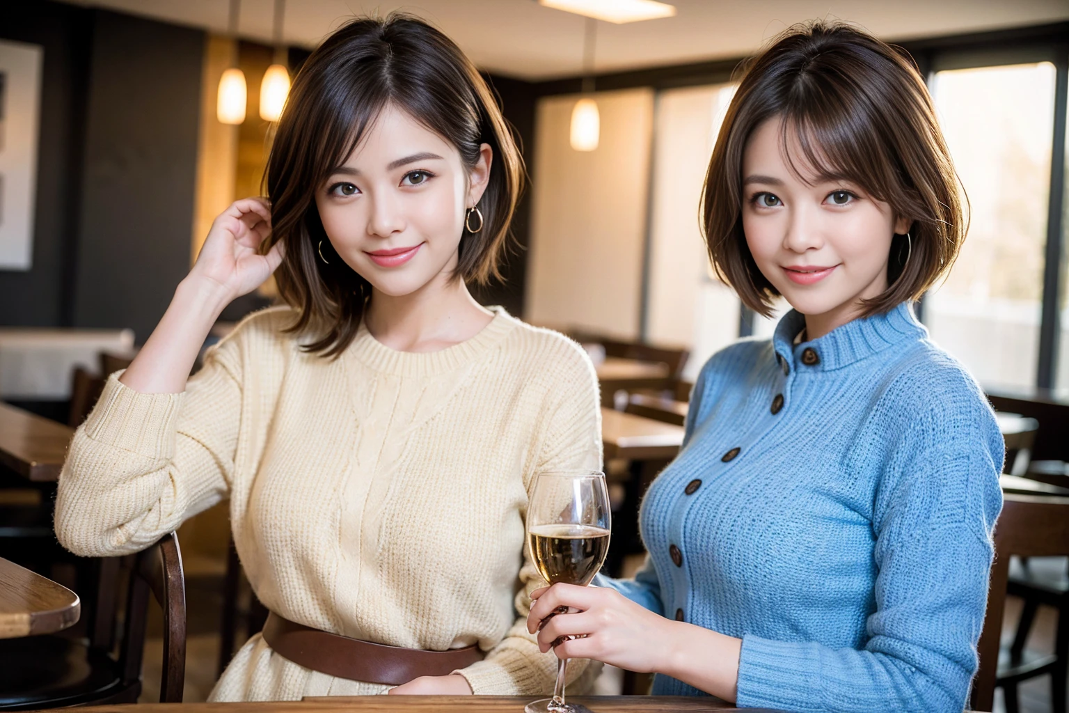 ((Highest quality、8k、masterpiece:1.3))、slimカップル、modelカップル、(Realistic, Intricate details:1.2), sashimi、Tempura、Japanese sake、Shochu 、Amazing view of the sunset sky and clouds、A bright smile、The wonderfulness of smile、Bright image、The beauty of wine, Beautiful Face, blue eyes, The light shines on your face, blush, short hair,Bright Face、 (Age 37), 39 years old, sparkling wine、Two beauties、Brown Hair、Shortcuts、Long sleeve shirt、dress、Beautiful woman 1, (slimな顔), (The body is slim), (Brown Hair), (Shortcuts), cheeks turn a little red,Attractive beauty、restaurant, In a prominent place (From the waist up) Nova Frog Style, actress, model, Upper Body, White wine, slim, smile, (smile: 1.15), Beautiful fine grain, Depth f/2,saturation, High Contrast, Strong light and shadow,Moist Body:1.5、3D texture、Delicate eyes、Brown Hair、The hair is very shiny、