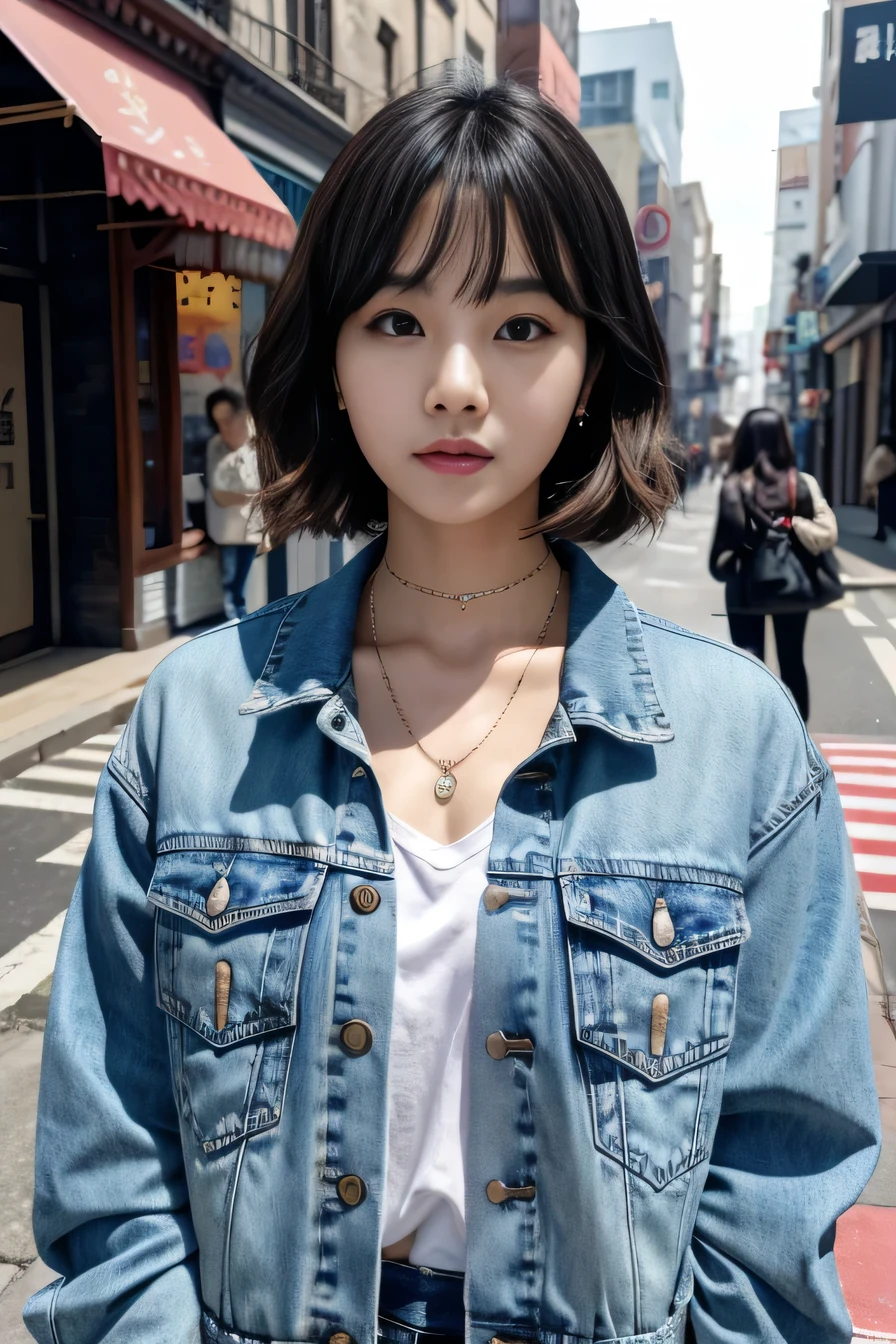 Super Resolution、Beautiful Korean Women、、short hair、Wavy Hair、、、、ear piercing、necklace、Denim jacket、shirt、Please open your mouth a little、The background is the street, Task progress 70%%