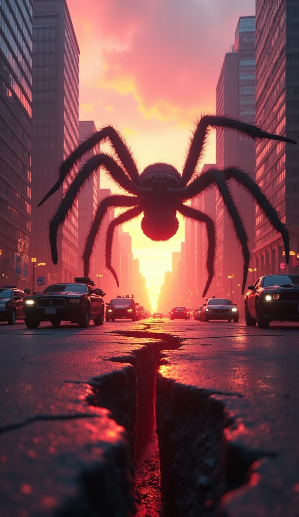 Image In the city in the morning in the middle of the road tall buildings . 
The scene shook There was a deep crack under the road. .underground space rift army perspective fighting giant spider 