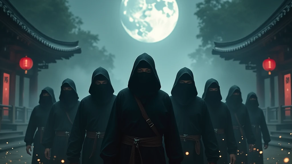 An ultra-realistic and highly detailed image of a group of ninjas dressed in black, wearing masks. They are standing in a ancient temple. Above them, written in elegant, Western-style letters, is the message "CHA SUPREMACY." The scene is set at night, with numerous fireflies glowing around the ninjas, and a thick mist enveloping the surroundings. The lighting is moody and dramatic, with soft moonlight filtering through the fog. The image is captured with a Pentax K-1 Mark II paired with a 24-70mm f/2.8 D FA HD lens, ensuring exceptional detail and rich colors 