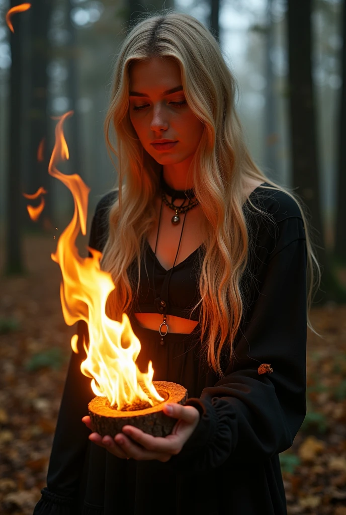 Autumn. forest. Beautifull blonde satanist girl making fire