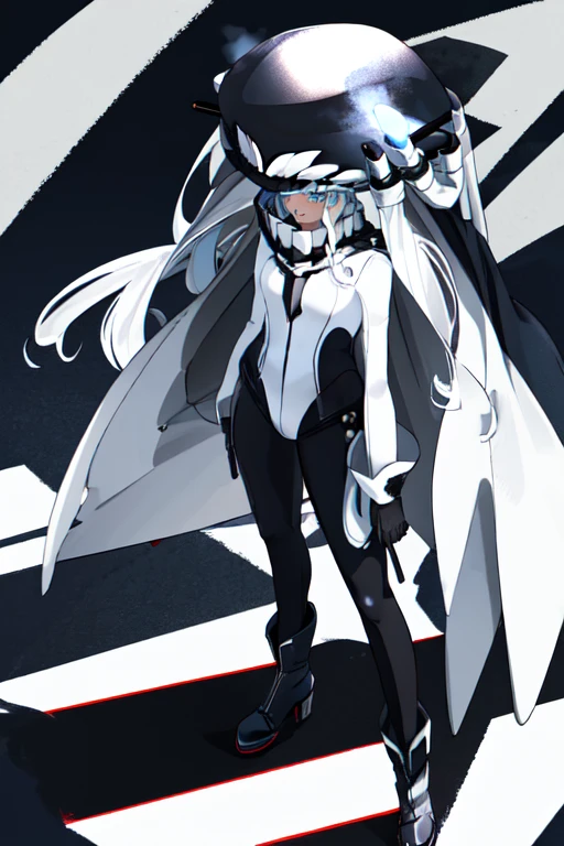 wo-class aircraft carrier, hat, gloves, hair, 1girl, white hair, solo, white skin, black gloves, bodysuit, blue eyes, black cape, leather pants, Masterpiece, Best Quality, standing, night, beach 
