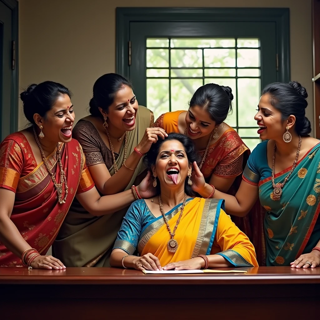 in indian modern light flooded room,four middle aged indian ethnicity ladies at the office raping their eldery indian ethnicity boss,with thier wild open tongues and licking her hair scalp keeping hair styles exactly as in image styled in salon with exteme wetlook styling gel,so that all ladies hairs reflecting and shining their hairlines with the slickness,ladies reaching toward to the boss lady in keeping the possions and poses exaclty as detaling in image,and all of them wear sarees as exactly detsiling in image,{{{{Ladies in the image prompt should be eldery,make them as eldery indian ladies in age 65 with all the eldery features}}}}},{{{Ladies poses exacly as per the imag}}}},{{{{{Hairs exactly as per the making them highly ultra soaked with gallons ofhaircstyling cream and reflecting shinning like mirrors}}}},{{{Ladies tongues out and keep licking hesd scalps as per the image prompt in more realistic way}}}},