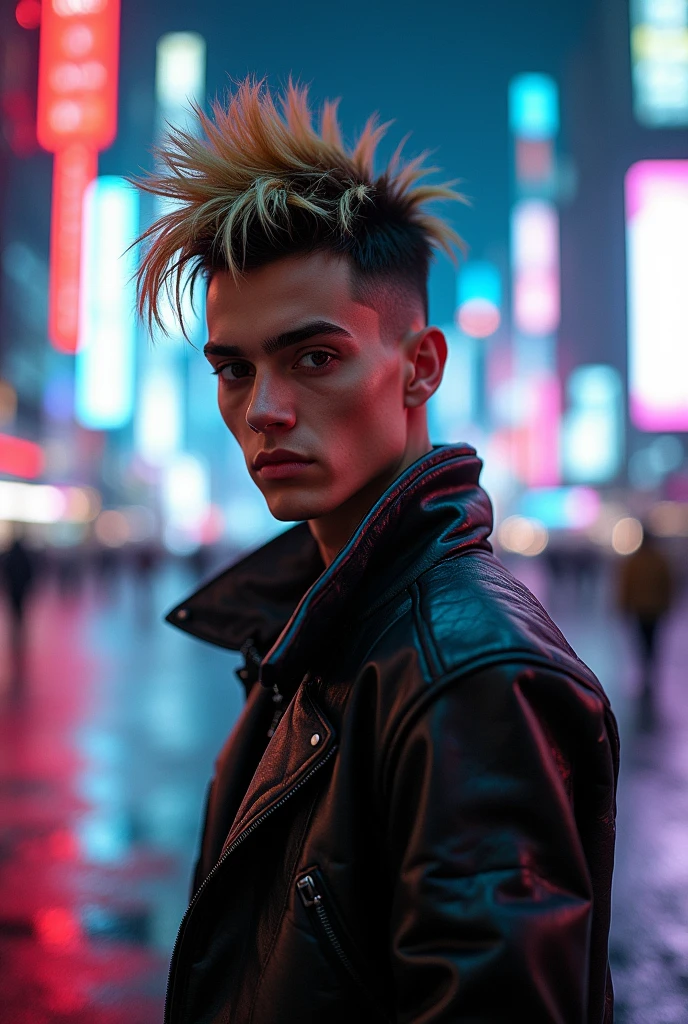 man, young short hair and raised, mohawk style hair, blonde tips but black roots, serious expression, thick eyebrows, big black eyes, delgado, white, cyberpunk style